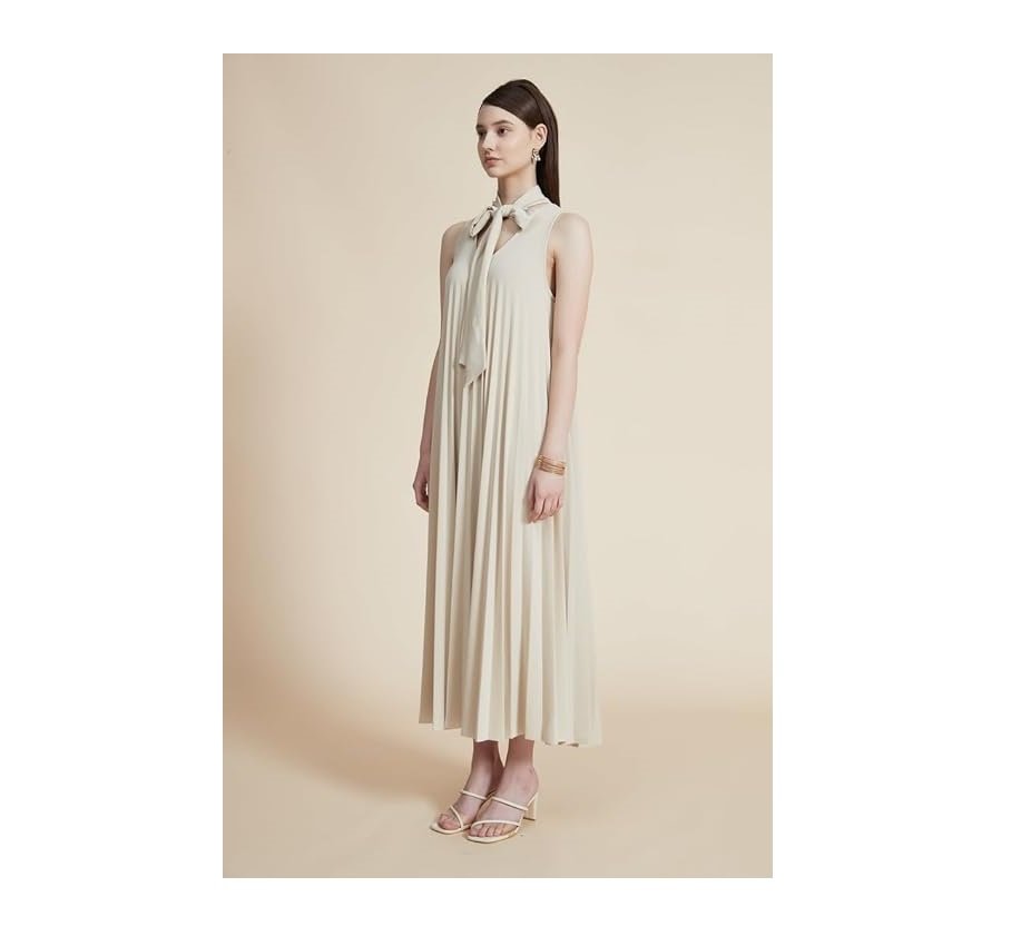 فستان ميدي سادة بكسرات وربطة عنق من يولا